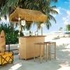 Only Pick Up Hawaiian-style Bar Height Patio Set with PE Grass Canopy, Outdoor Bar Table and Stools with Adjustable Feet, Acacia Wood Top, for Dining