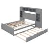 Full Size Wooden Bed With All-in-One Cabinet, Shelf and Sockets, Gray