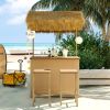 Only Pick Up Hawaiian-style Bar Height Patio Set with PE Grass Canopy, Outdoor Bar Table and Stools with Adjustable Feet, Acacia Wood Top, for Dining