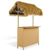 Only Pick Up Hawaiian-style Bar Height Patio Set with PE Grass Canopy, Outdoor Bar Table and Stools with Adjustable Feet, Acacia Wood Top, for Dining
