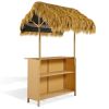 Only Pick Up Hawaiian-style Bar Height Patio Set with PE Grass Canopy, Outdoor Bar Table and Stools with Adjustable Feet, Acacia Wood Top, for Dining