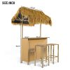 Only Pick Up Hawaiian-style Bar Height Patio Set with PE Grass Canopy, Outdoor Bar Table and Stools with Adjustable Feet, Acacia Wood Top, for Dining