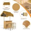 Only Pick Up Hawaiian-style Bar Height Patio Set with PE Grass Canopy, Outdoor Bar Table and Stools with Adjustable Feet, Acacia Wood Top, for Dining